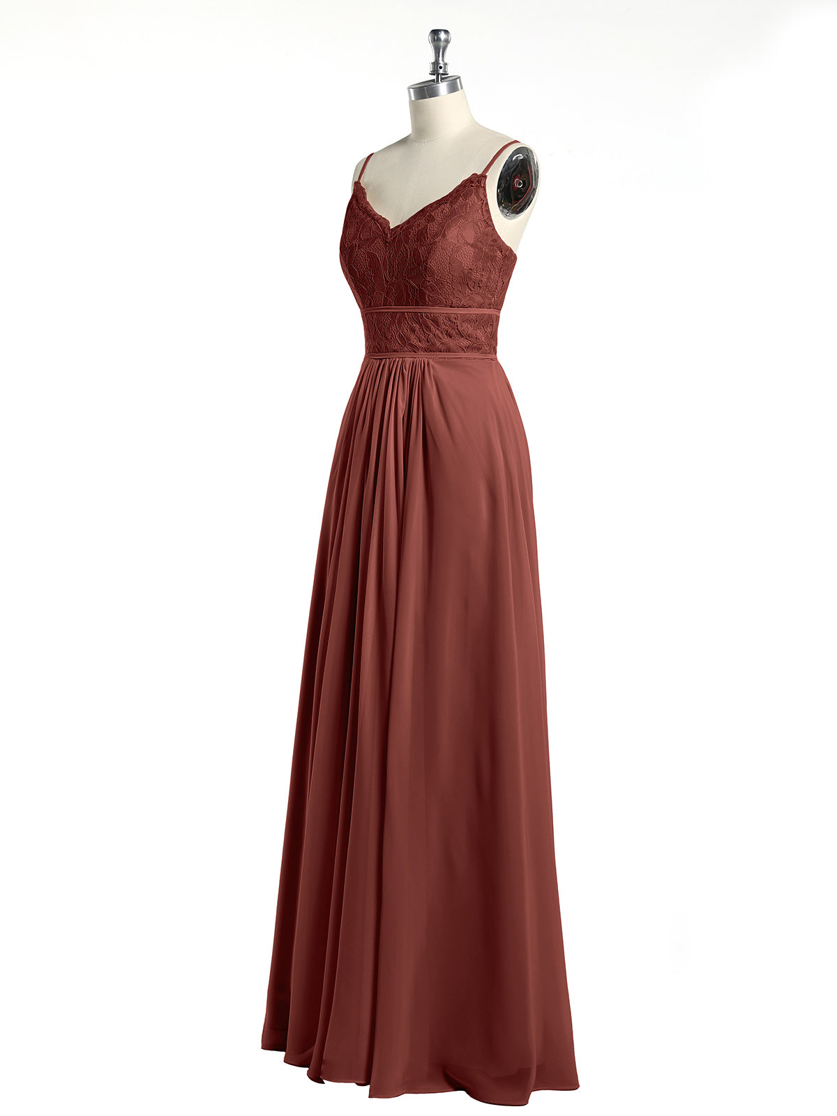Vestidos de chiffon y encaje con tirantes finos Terracota Tallas Grandes