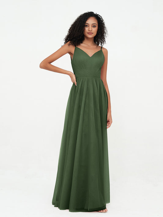 Vestidos largos de tul plisado con tirantes spaghetti Verde Oliva