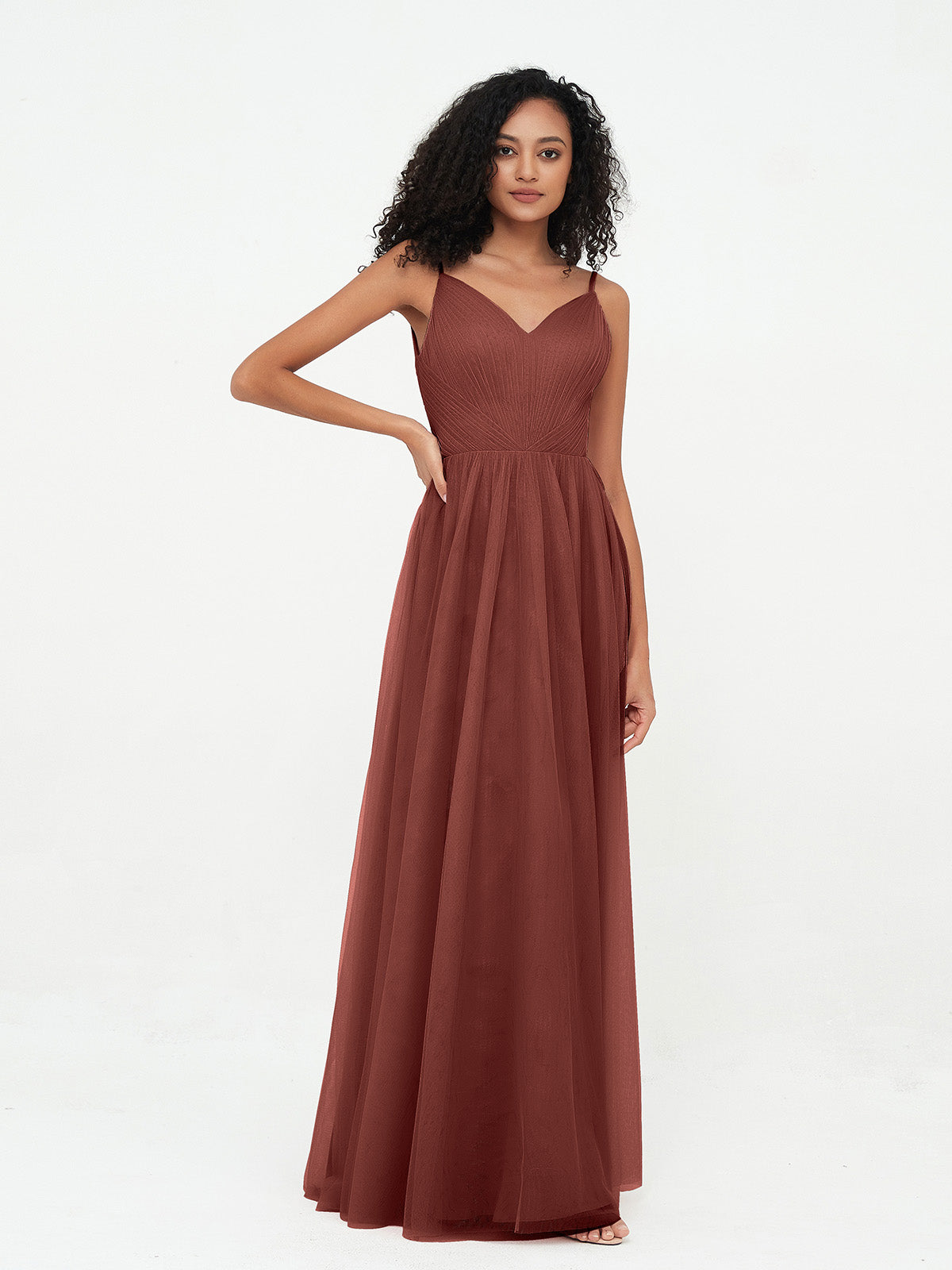Vestidos largos de tul plisado con tirantes spaghetti Terracota