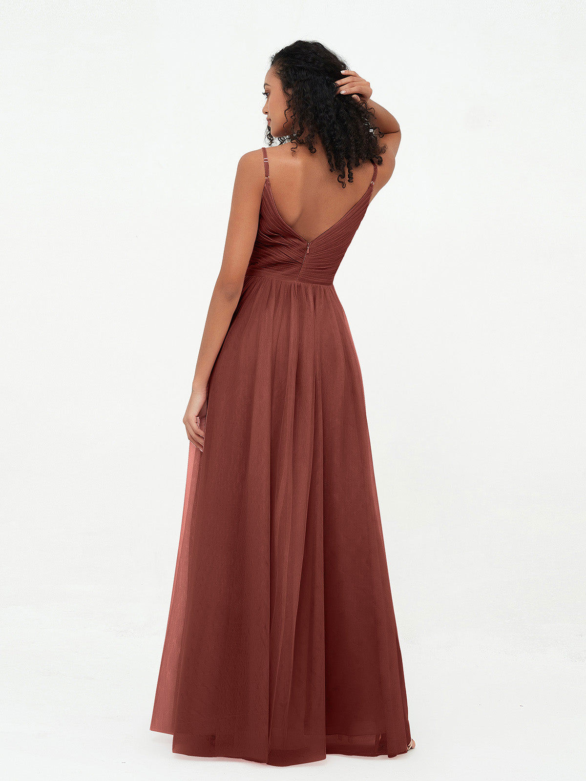 Vestidos largos de tul plisado con tirantes spaghetti Terracota Tallas Grandes