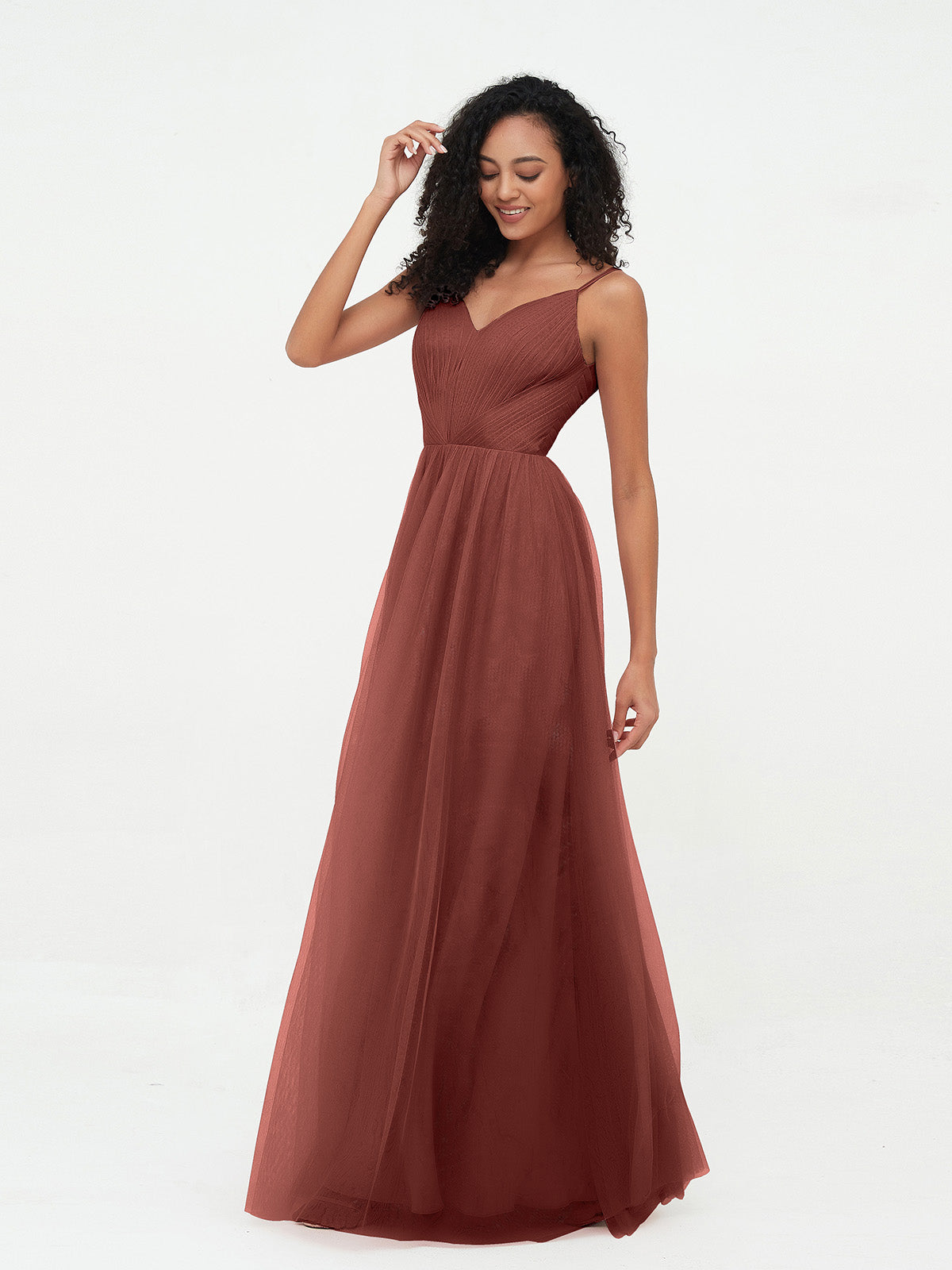 Vestidos largos de tul plisado con tirantes spaghetti Terracota