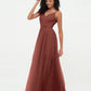 Vestidos largos de tul plisado con tirantes spaghetti Terracota Tallas Grandes