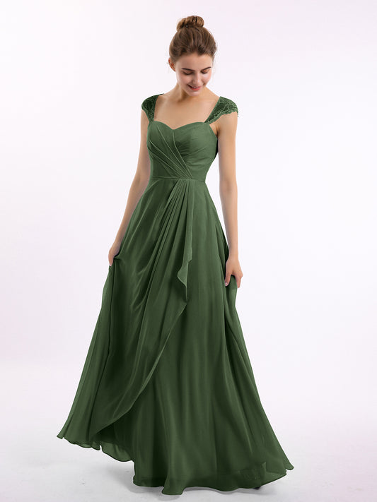 Vestidos de dama de honor de chiffon con mangas cap de encaje Verde Oliva