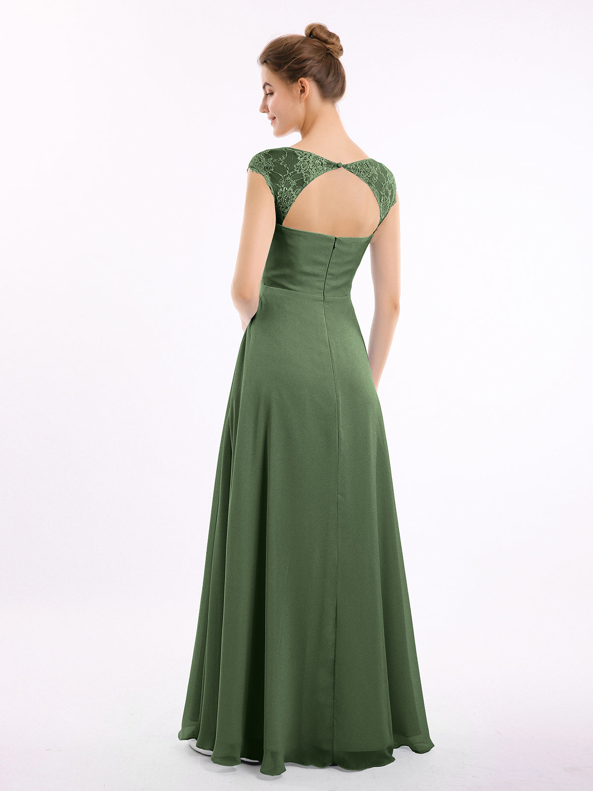 Vestidos de dama de honor de chiffon con mangas cap de encaje Verde Oliva