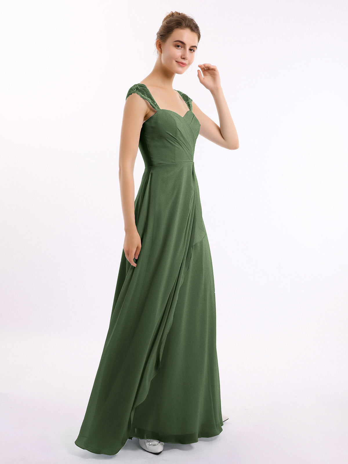 Vestidos de dama de honor de chiffon con mangas cap de encaje Verde Oliva