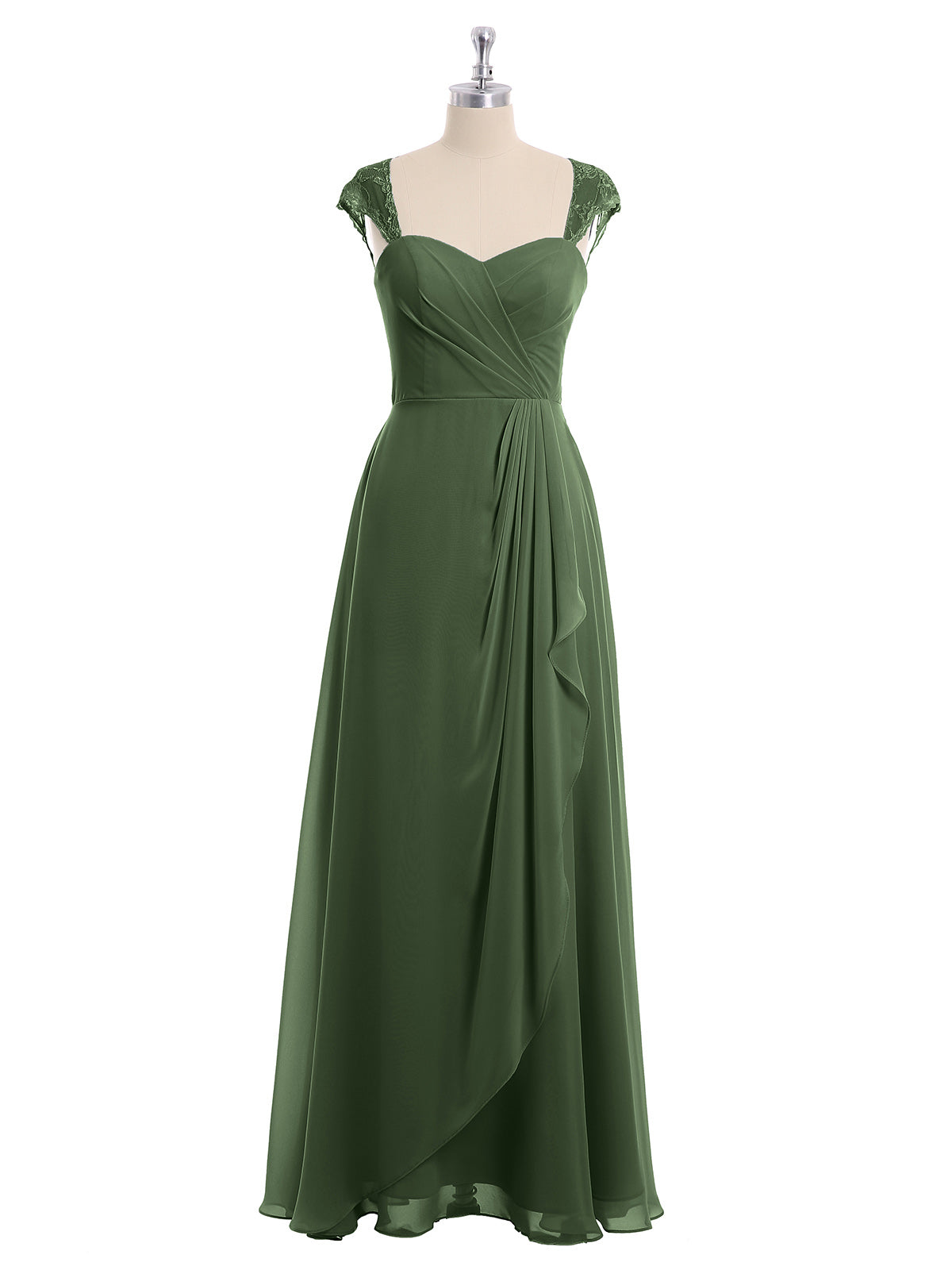 Vestidos de dama de honor de chiffon con mangas cap de encaje Verde Oliva