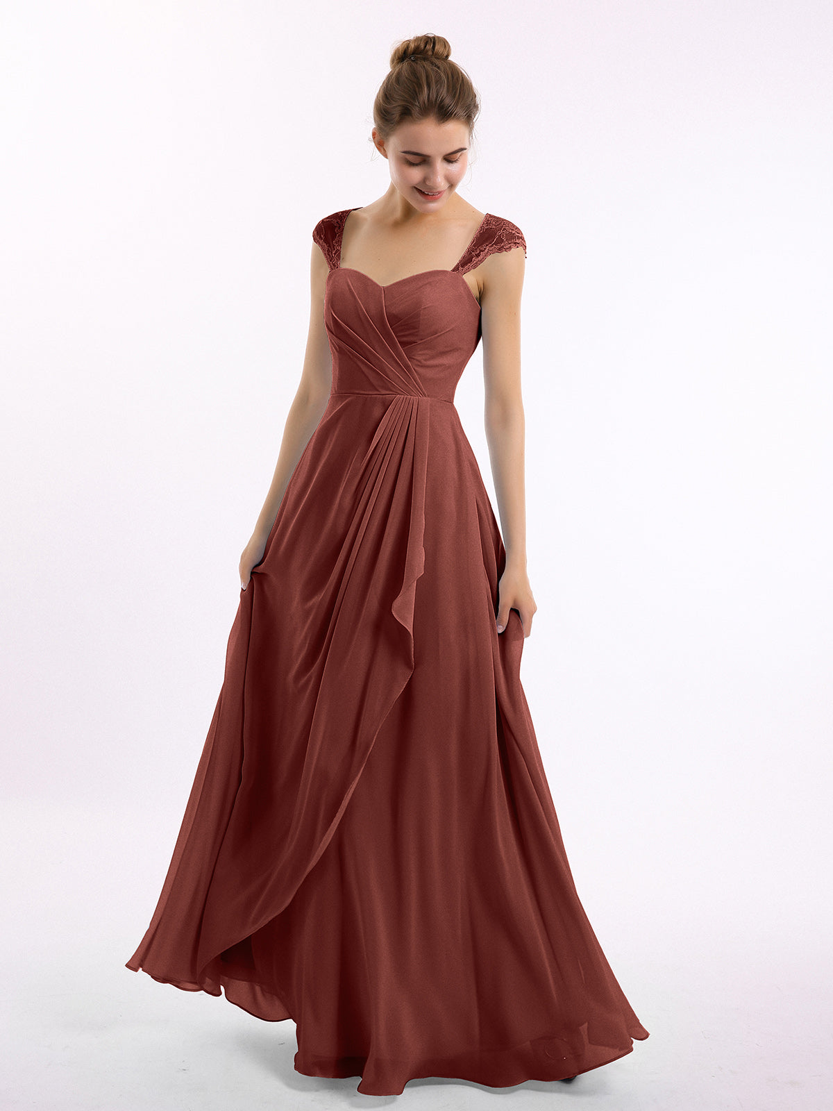 Vestidos de dama de honor de chiffon con mangas cap de encaje Terracota Tallas Grandes