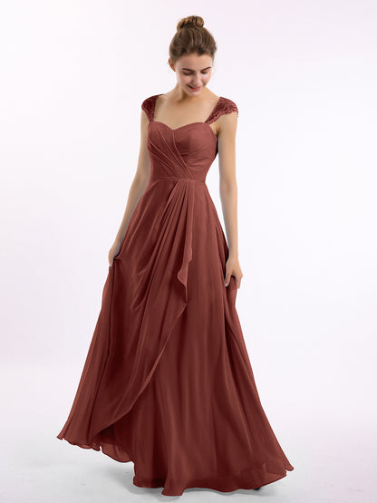 Vestidos de dama de honor de chiffon con mangas cap de encaje Terracota Tallas Grandes