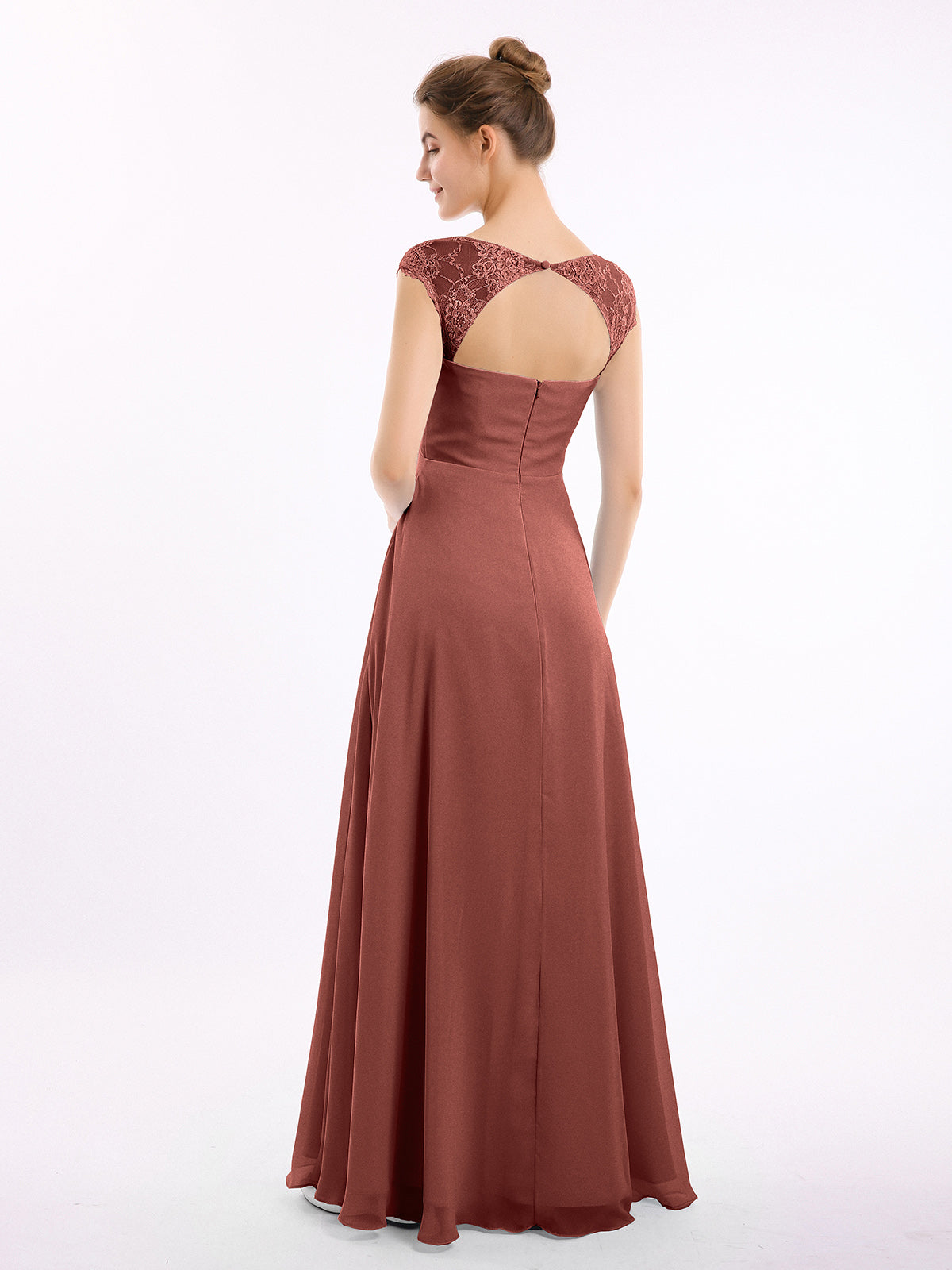 Vestidos de dama de honor de chiffon con mangas cap de encaje Terracota Tallas Grandes
