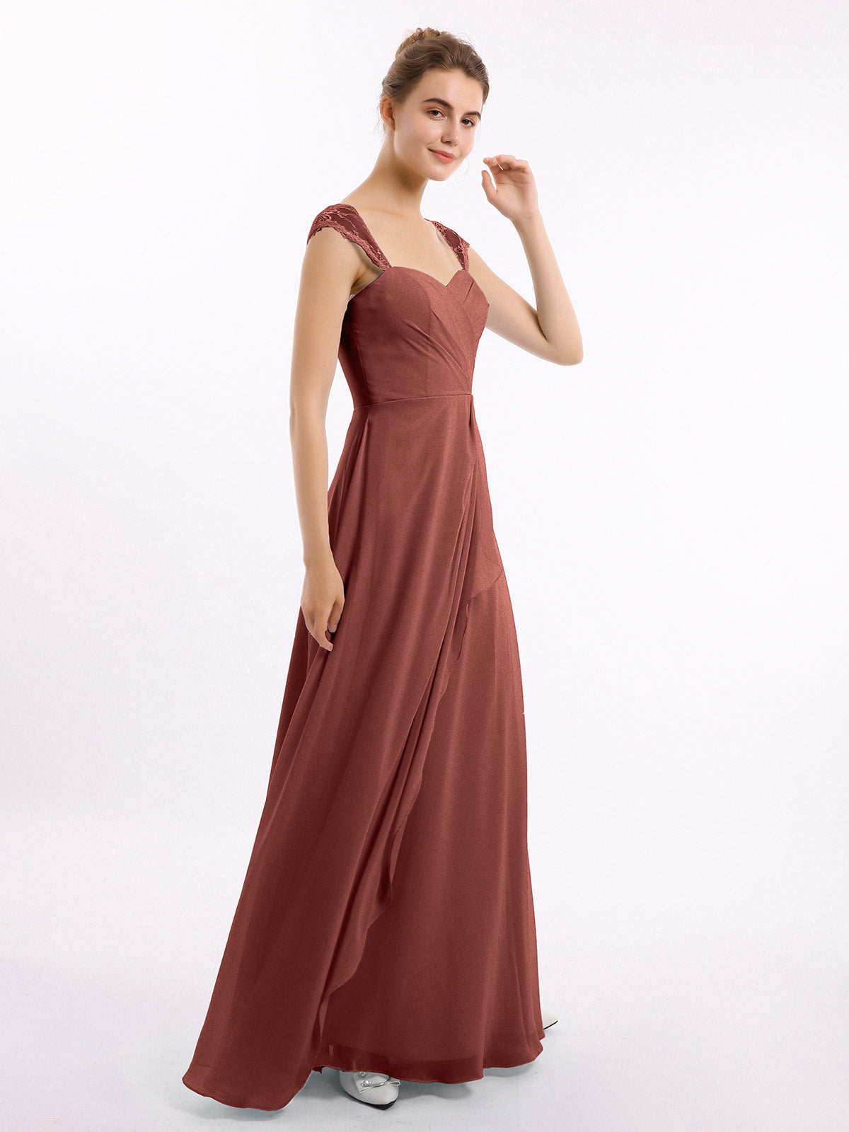 Vestidos de dama de honor de chiffon con mangas cap de encaje Terracota Tallas Grandes