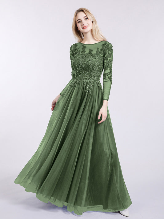 Martha Tul Aplicado Largo Mangas Vestido Verde Oliva Tallas Grandes