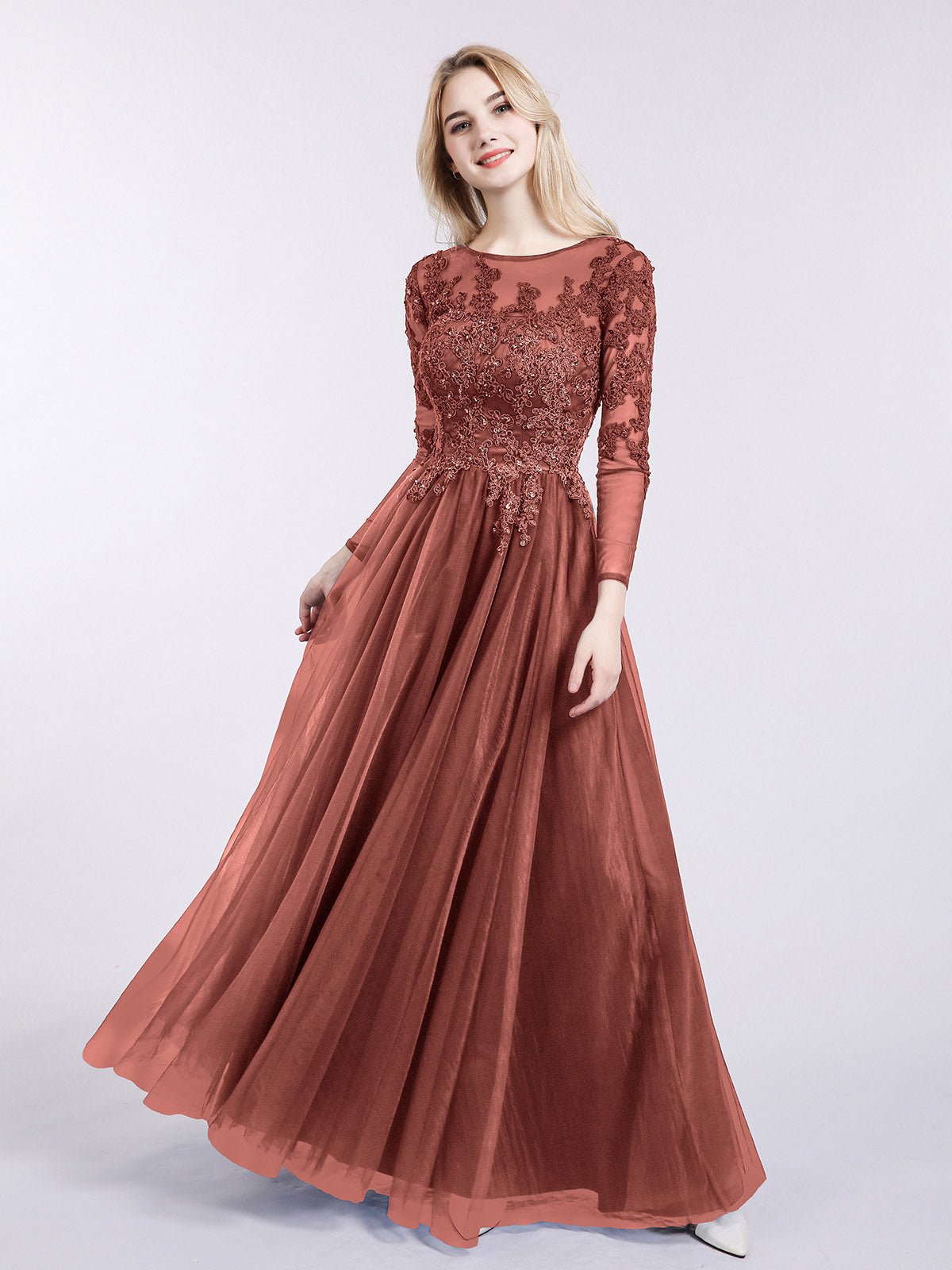 Martha Tul Aplicado Largo Mangas Vestido Terracota