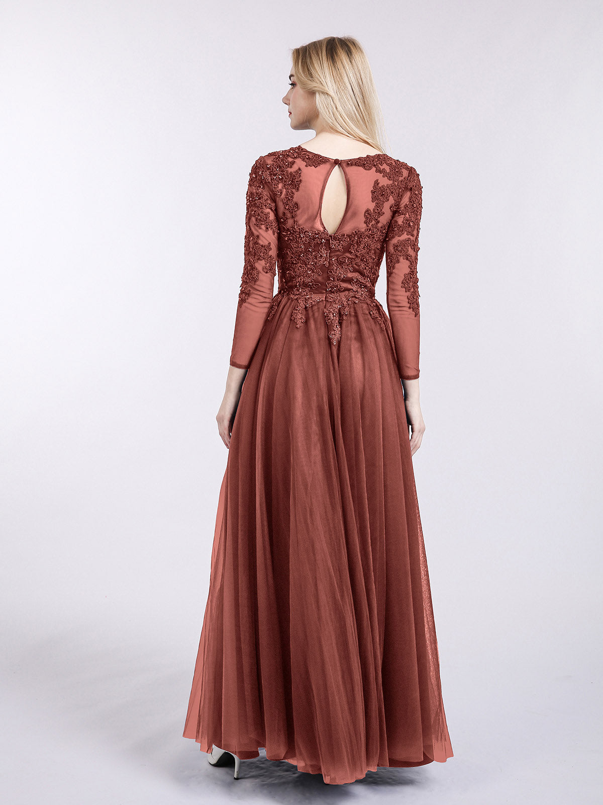 Martha Tul Aplicado Largo Mangas Vestido Terracota