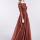 Martha Tul Aplicado Largo Mangas Vestido Terracota