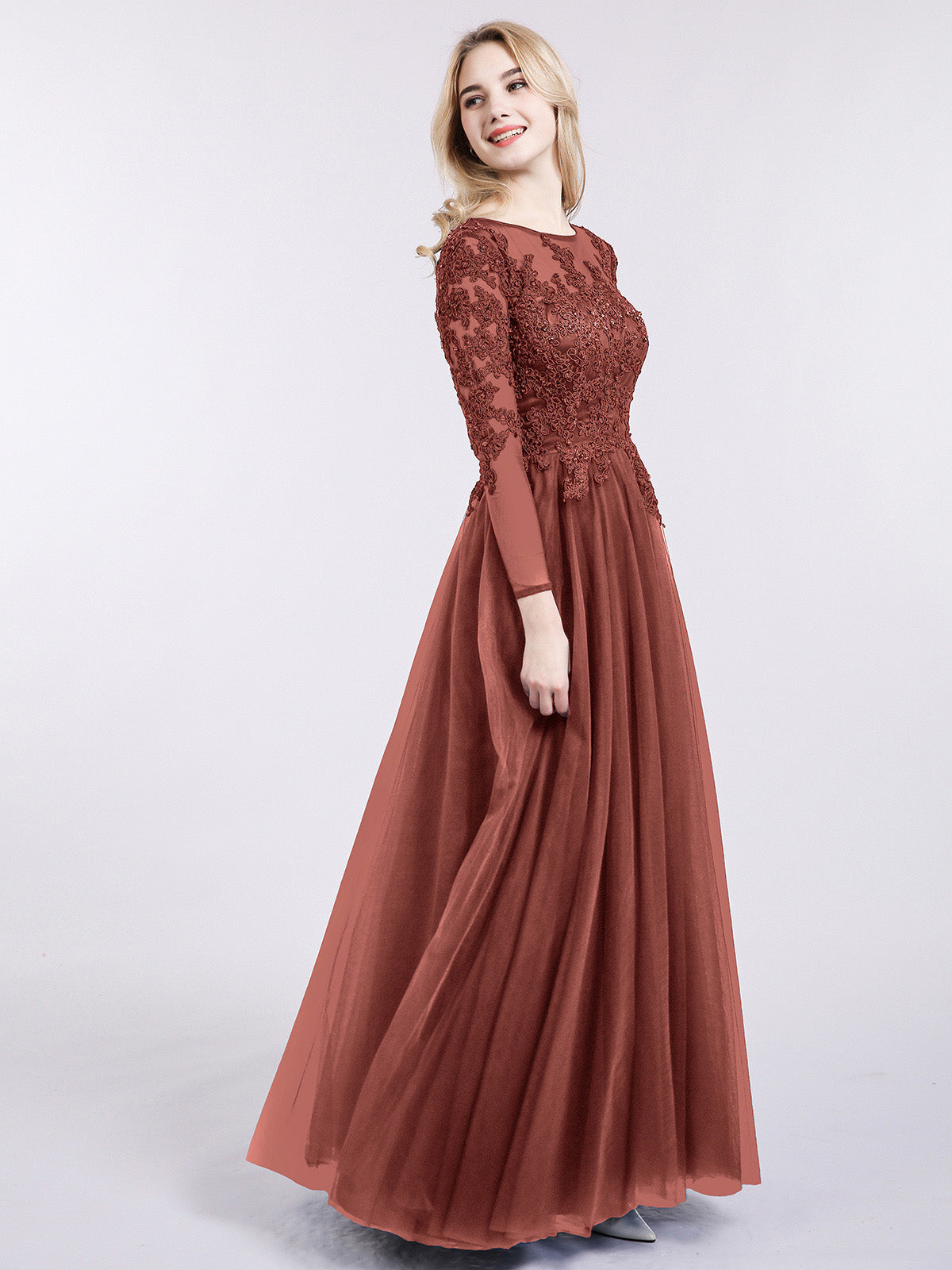 Martha Tul Aplicado Largo Mangas Vestido Terracota