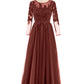 Martha Tul Aplicado Largo Mangas Vestido Terracota