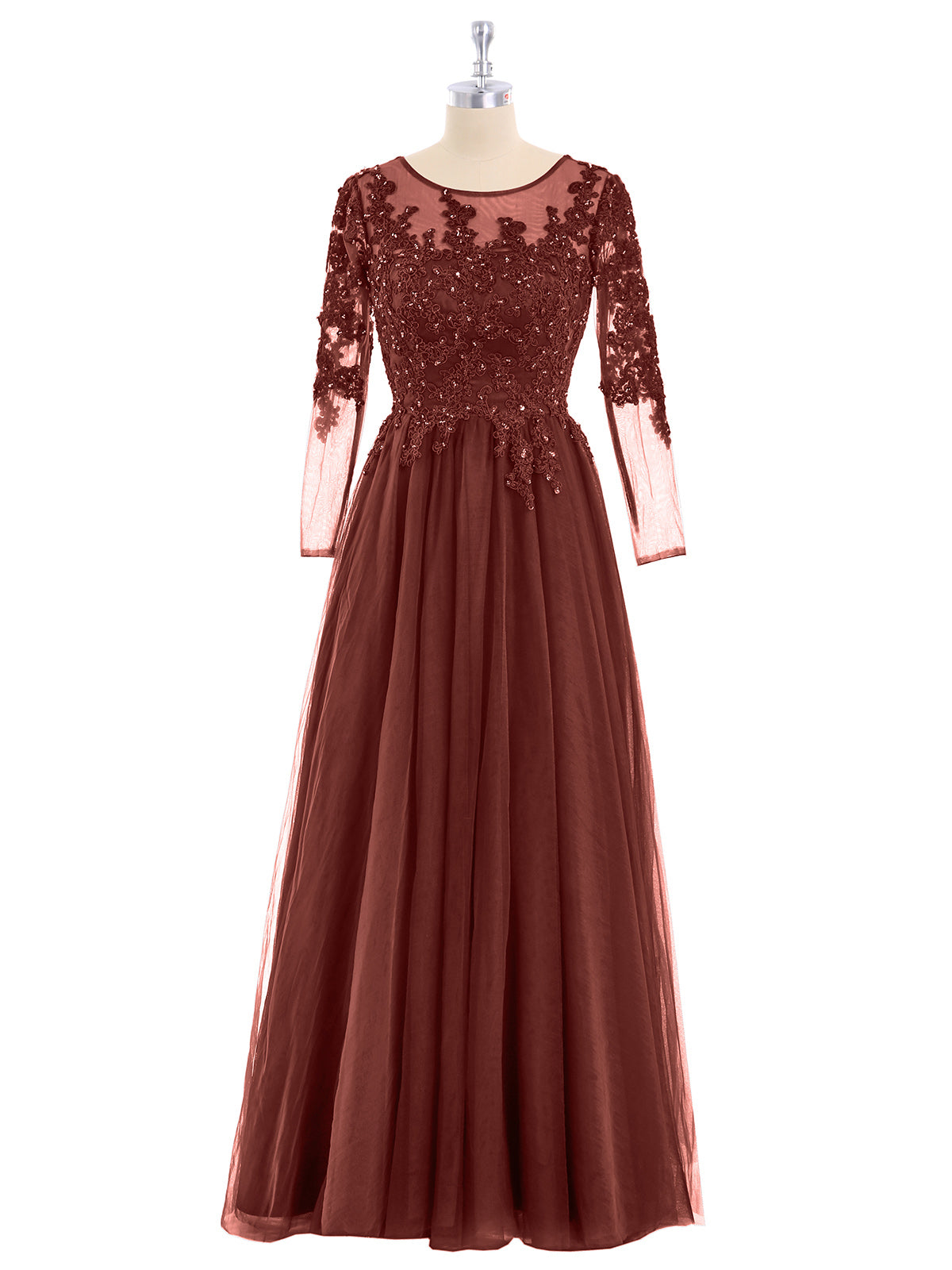 Martha Tul Aplicado Largo Mangas Vestido Terracota