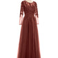 Martha Tul Aplicado Largo Mangas Vestido Terracota
