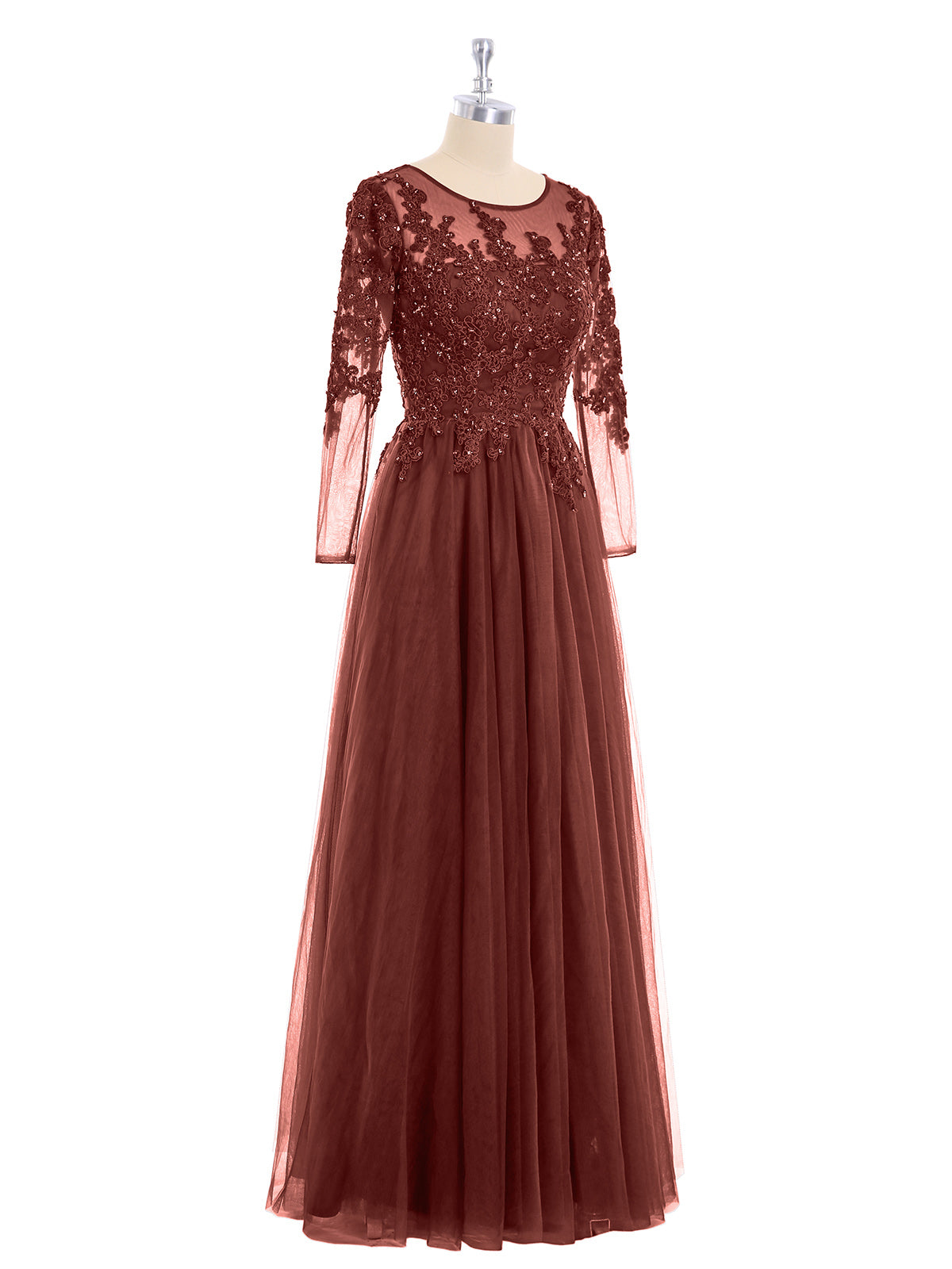 Martha Tul Aplicado Largo Mangas Vestido Terracota
