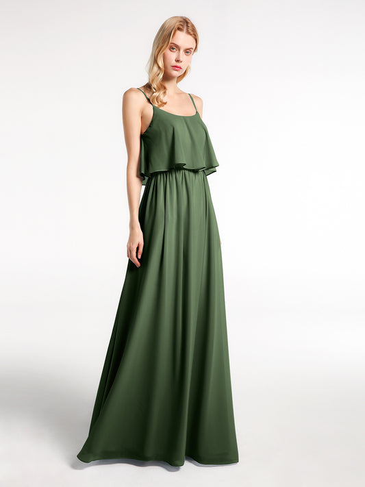 Vestido de chiffon con tirantes finos y cuerpo de capas con escote tipo scoop Verde Oliva