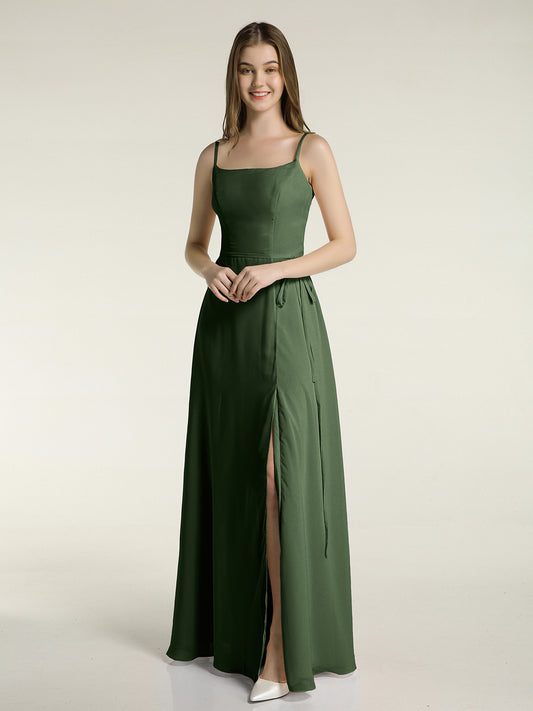 Sencillos vestidos largos de chiffon con tirantes finos y abertura Verde Oliva