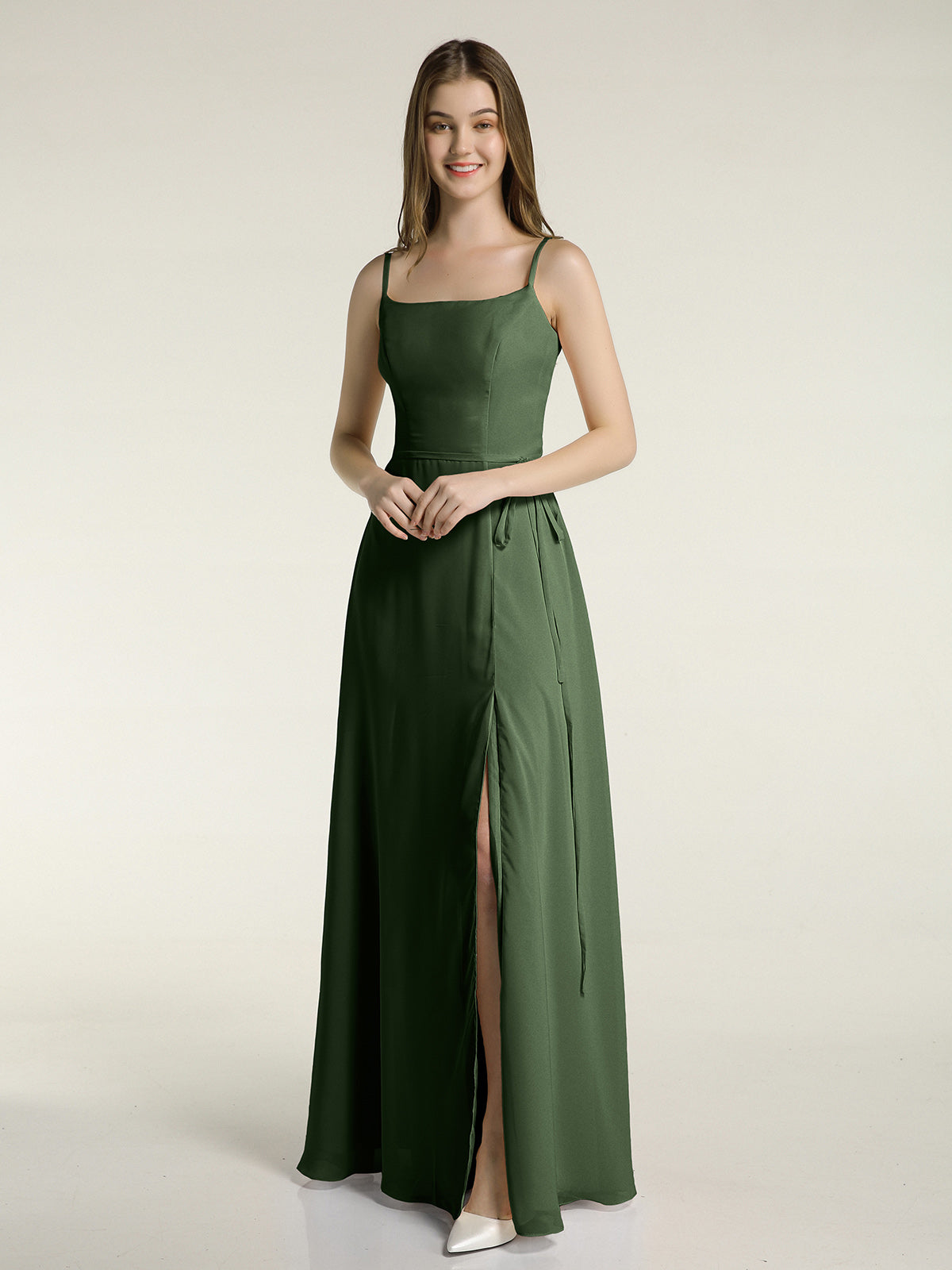 Sencillos vestidos largos de chiffon con tirantes finos y abertura Verde Oliva Tallas Grandes
