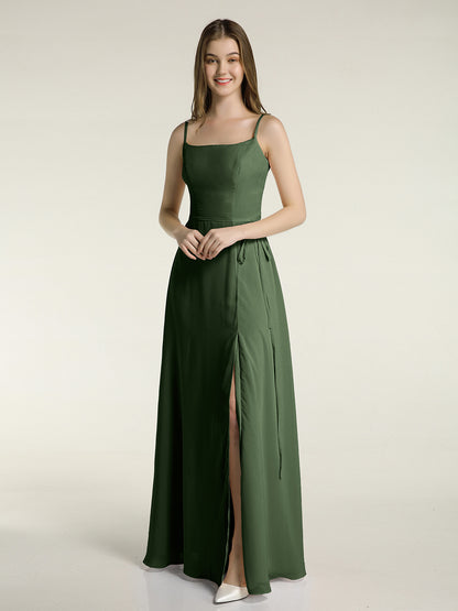 Sencillos vestidos largos de chiffon con tirantes finos y abertura Verde Oliva Tallas Grandes
