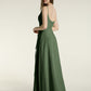 Sencillos vestidos largos de chiffon con tirantes finos y abertura Verde Oliva Tallas Grandes