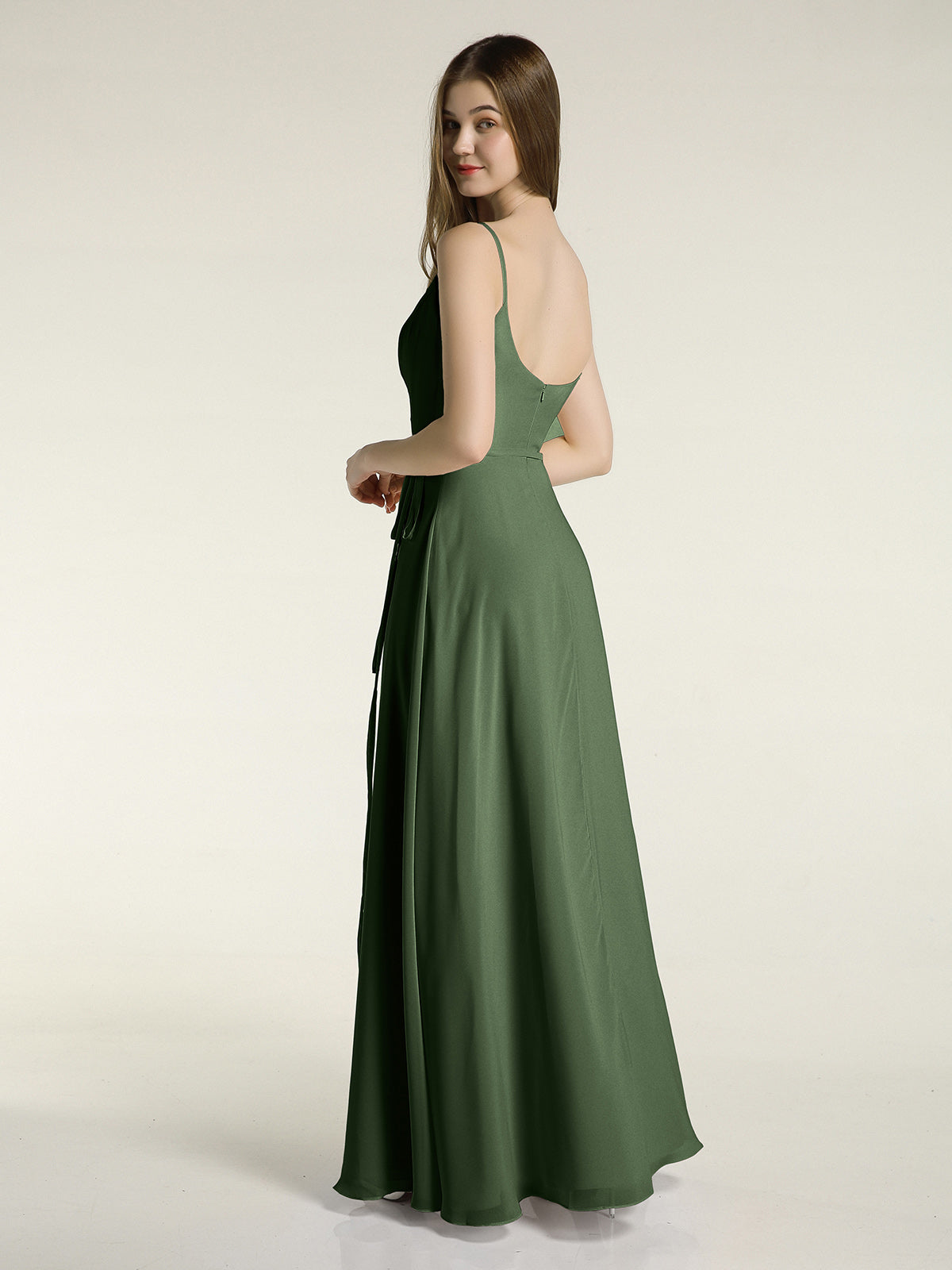 Sencillos vestidos largos de chiffon con tirantes finos y abertura Verde Oliva Tallas Grandes