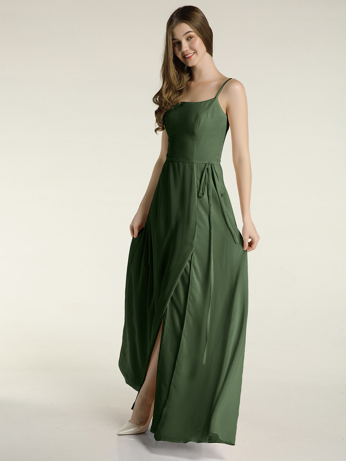 Sencillos vestidos largos de chiffon con tirantes finos y abertura Verde Oliva Tallas Grandes