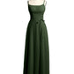Sencillos vestidos largos de chiffon con tirantes finos y abertura Verde Oliva