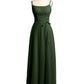 Sencillos vestidos largos de chiffon con tirantes finos y abertura Verde Oliva Tallas Grandes
