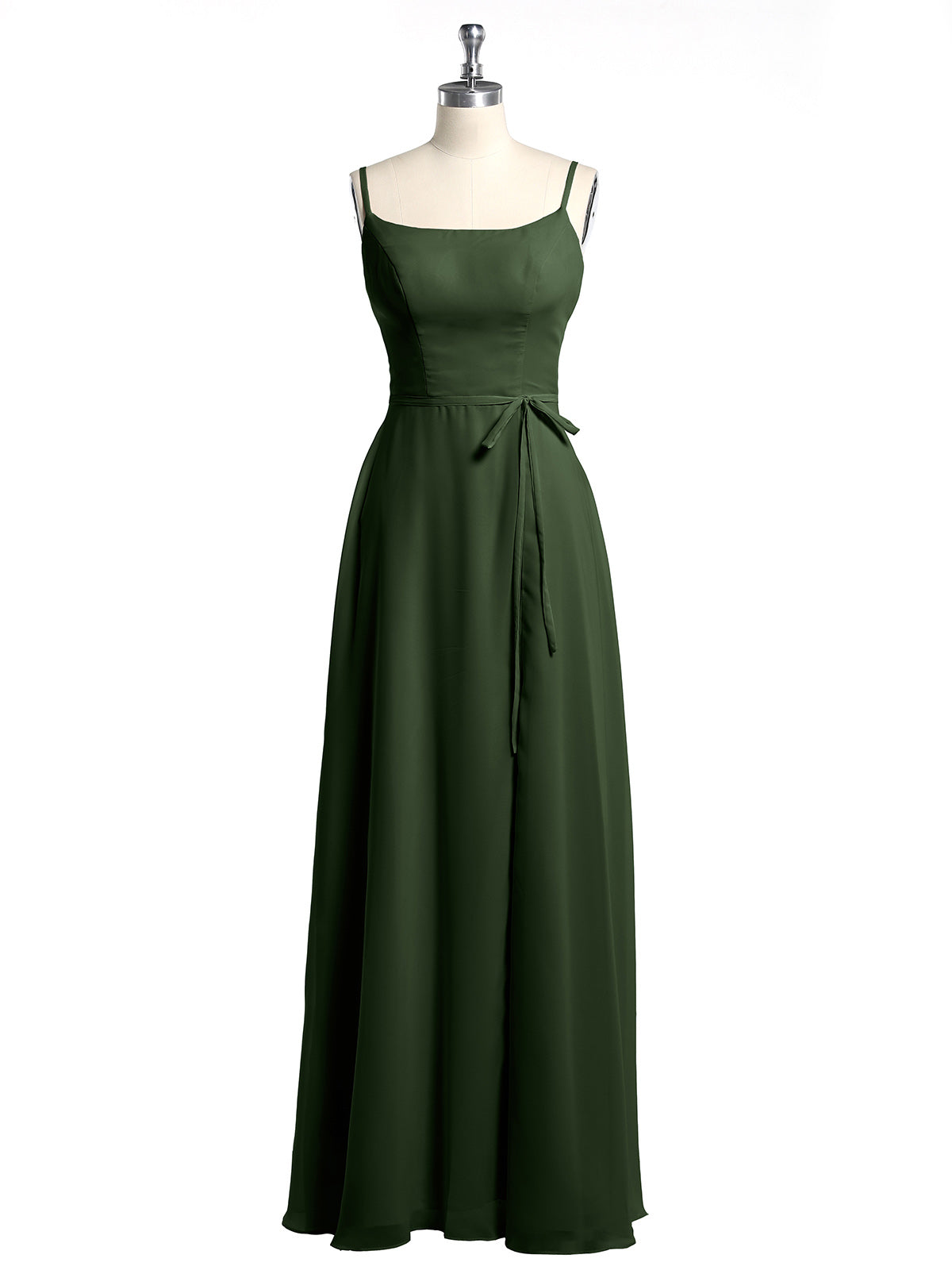 Sencillos vestidos largos de chiffon con tirantes finos y abertura Verde Oliva Tallas Grandes