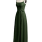 Sencillos vestidos largos de chiffon con tirantes finos y abertura Verde Oliva