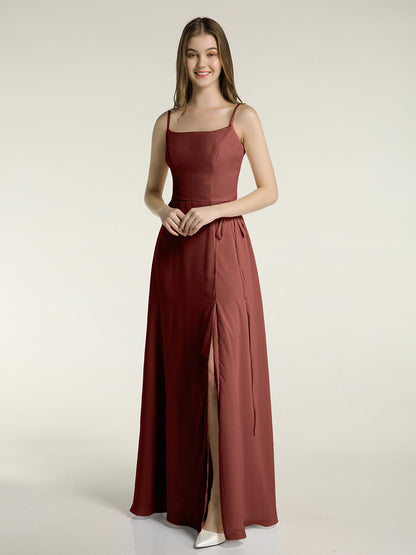 Sencillos vestidos largos de chiffon con tirantes finos y abertura Terracota