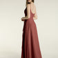 Sencillos vestidos largos de chiffon con tirantes finos y abertura Terracota Tallas Grandes