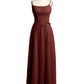 Sencillos vestidos largos de chiffon con tirantes finos y abertura Terracota