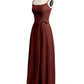 Sencillos vestidos largos de chiffon con tirantes finos y abertura Terracota Tallas Grandes