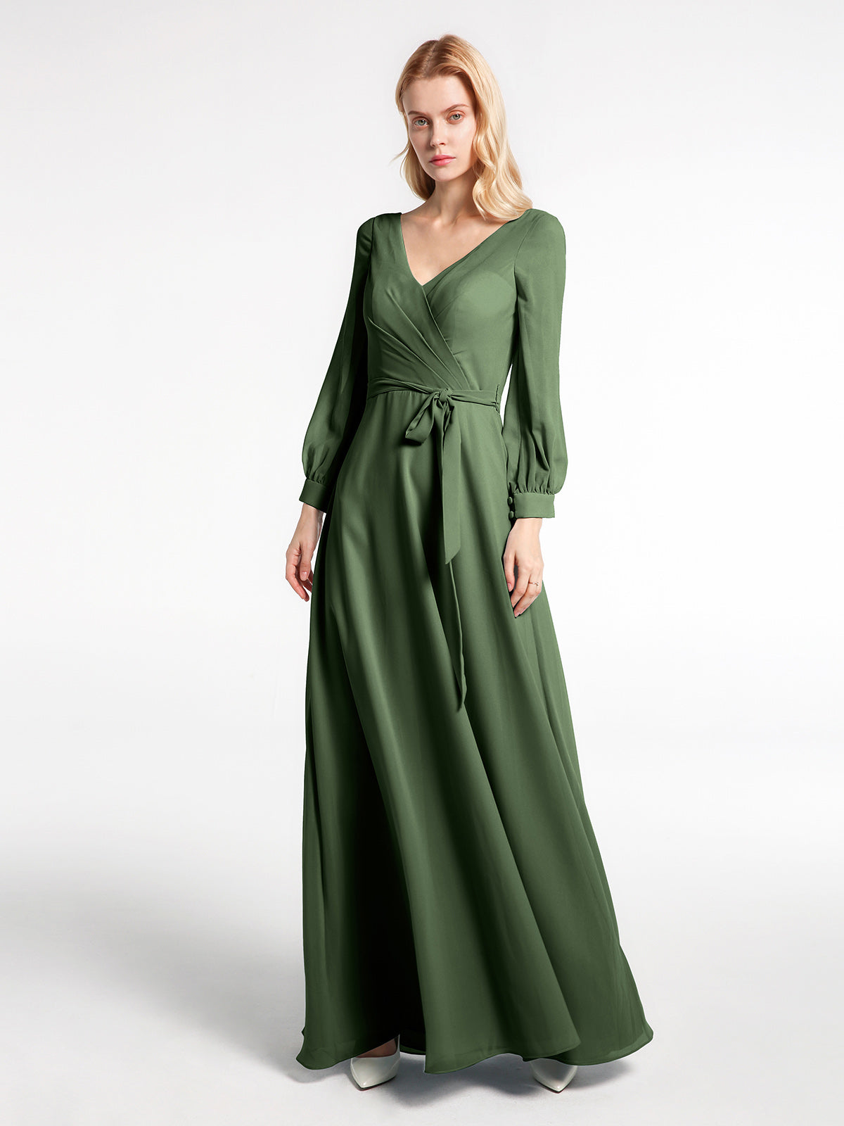 Vestido de chiffon con mangas de obispo y lazo con escote en V Verde Oliva