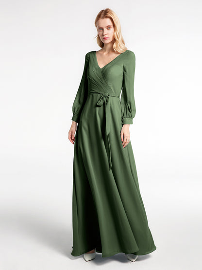 Vestido de chiffon con mangas de obispo y lazo con escote en V Verde Oliva Tallas Grandes