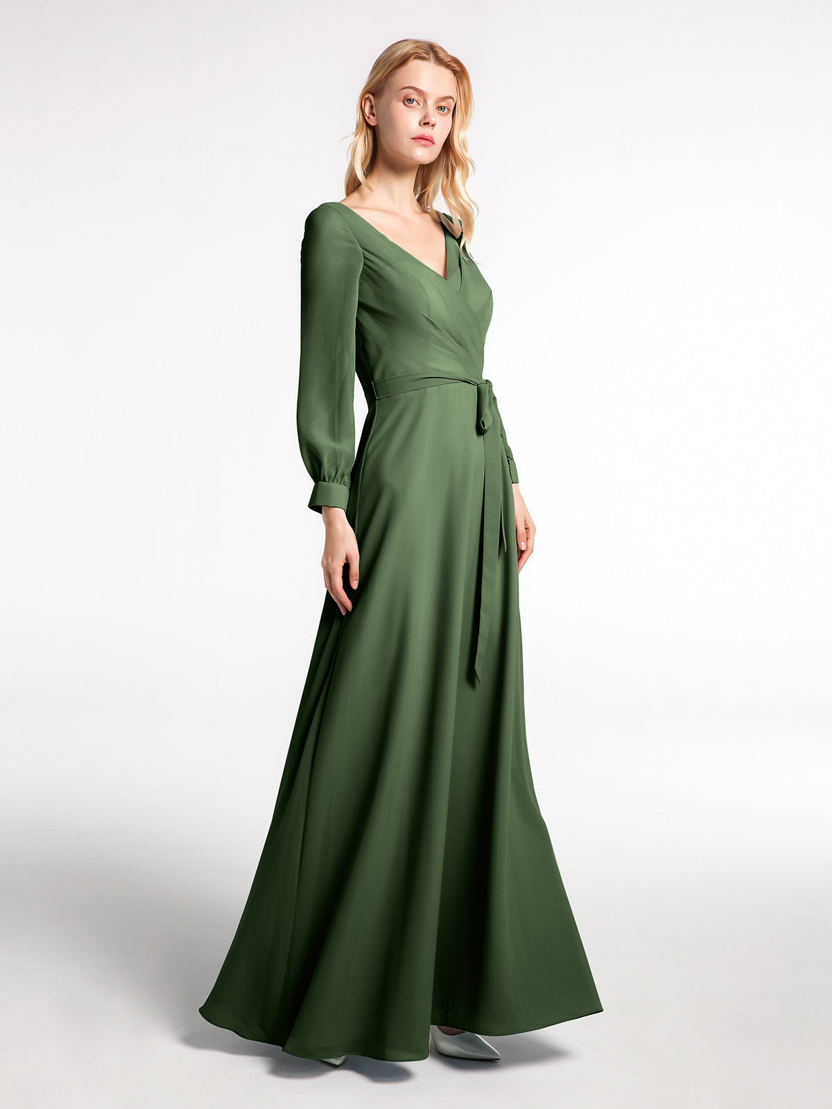 Vestido de chiffon con mangas de obispo y lazo con escote en V Verde Oliva