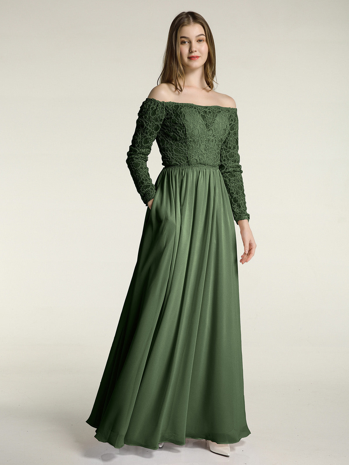 Vestidos de encaje y chiffon con mangas largas y bolsillos Verde Oliva