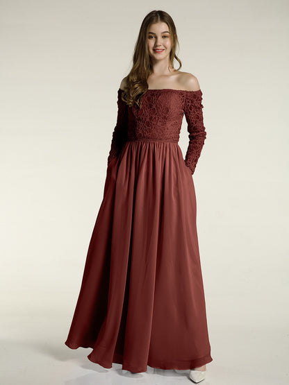 Vestidos de encaje y chiffon con mangas largas y bolsillos Terracota Tallas Grandes
