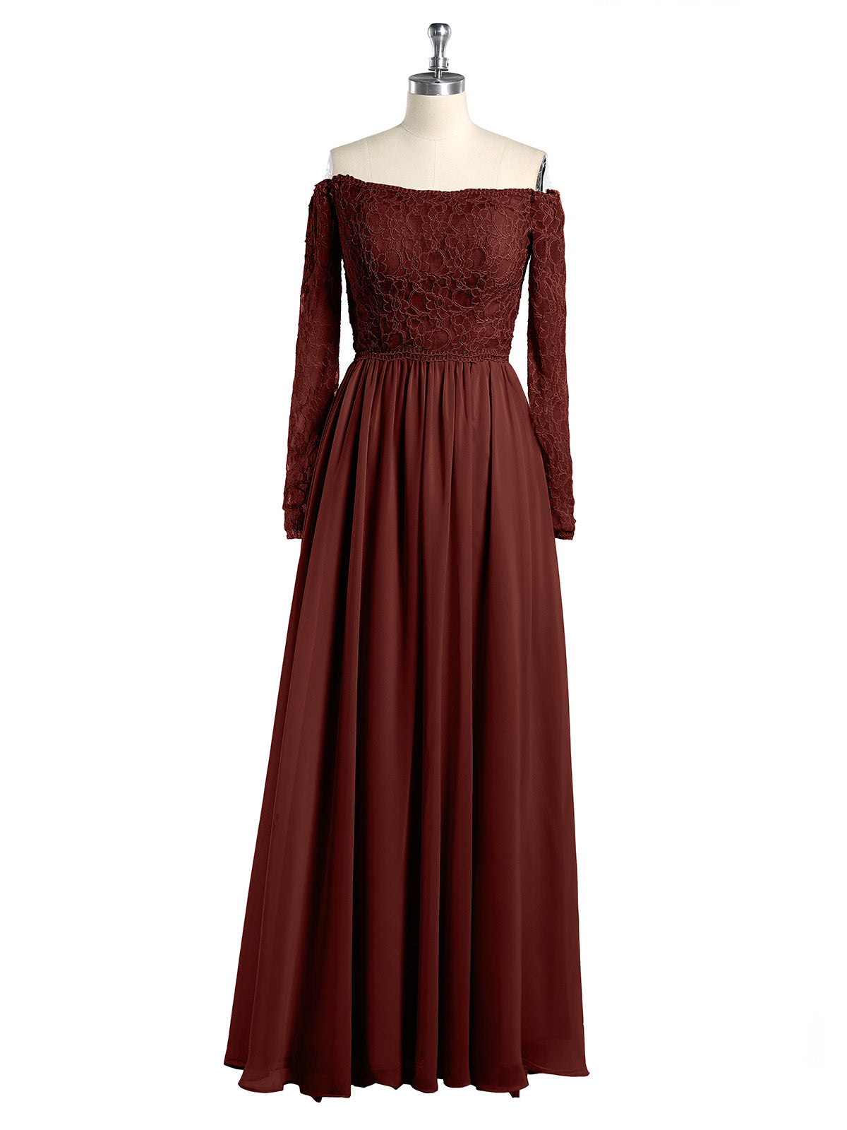 Vestidos de encaje y chiffon con mangas largas y bolsillos Terracota Tallas Grandes