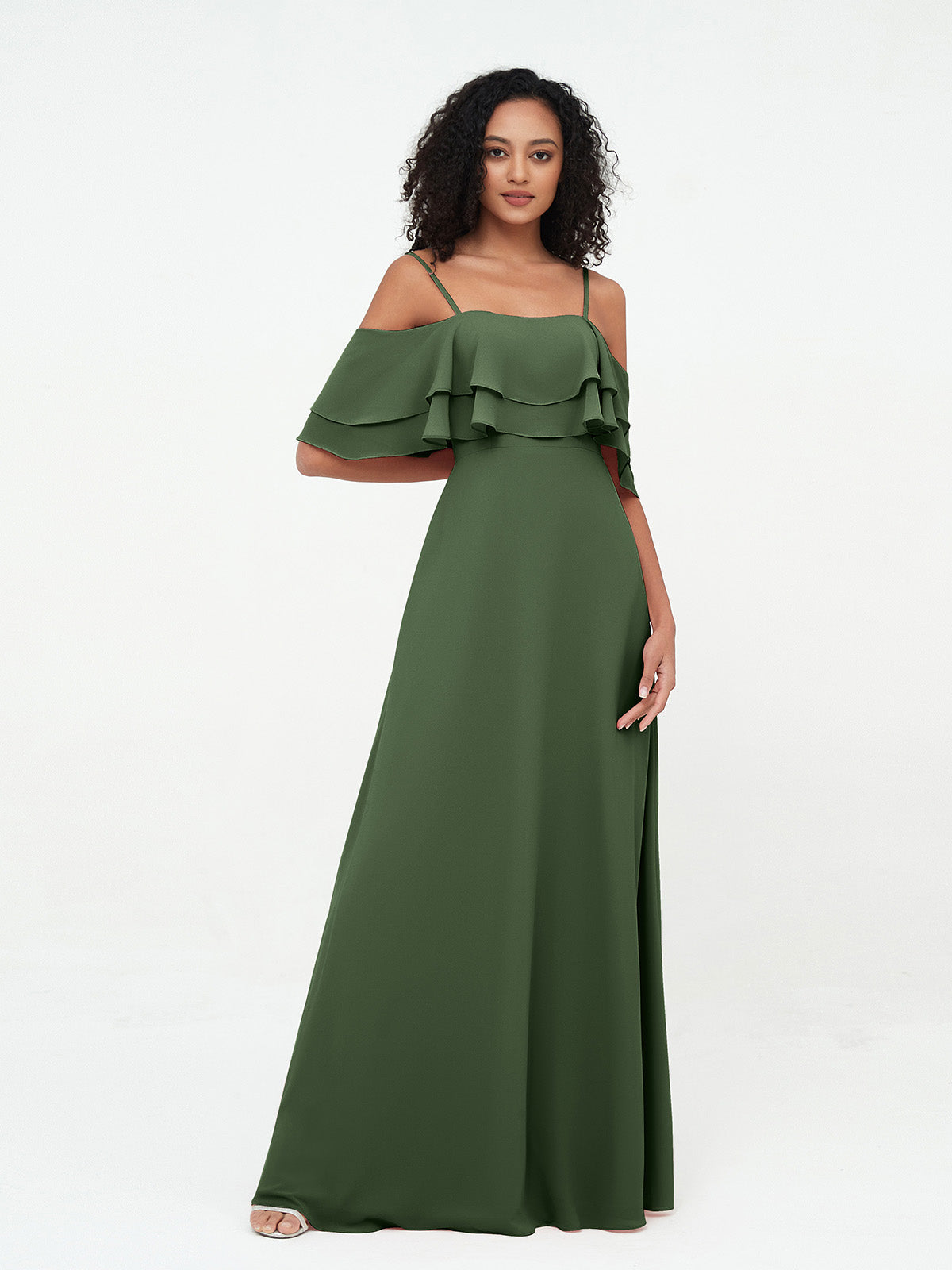 Vestidos máximos de hombros descubiertos y tirantes spaghetti Verde Oliva Tallas Grandes