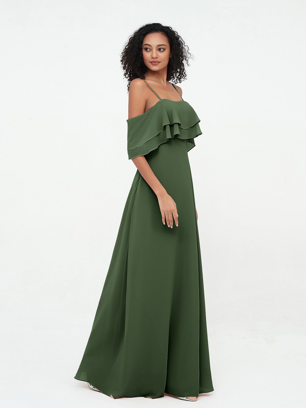 Vestidos máximos de hombros descubiertos y tirantes spaghetti Verde Oliva Tallas Grandes