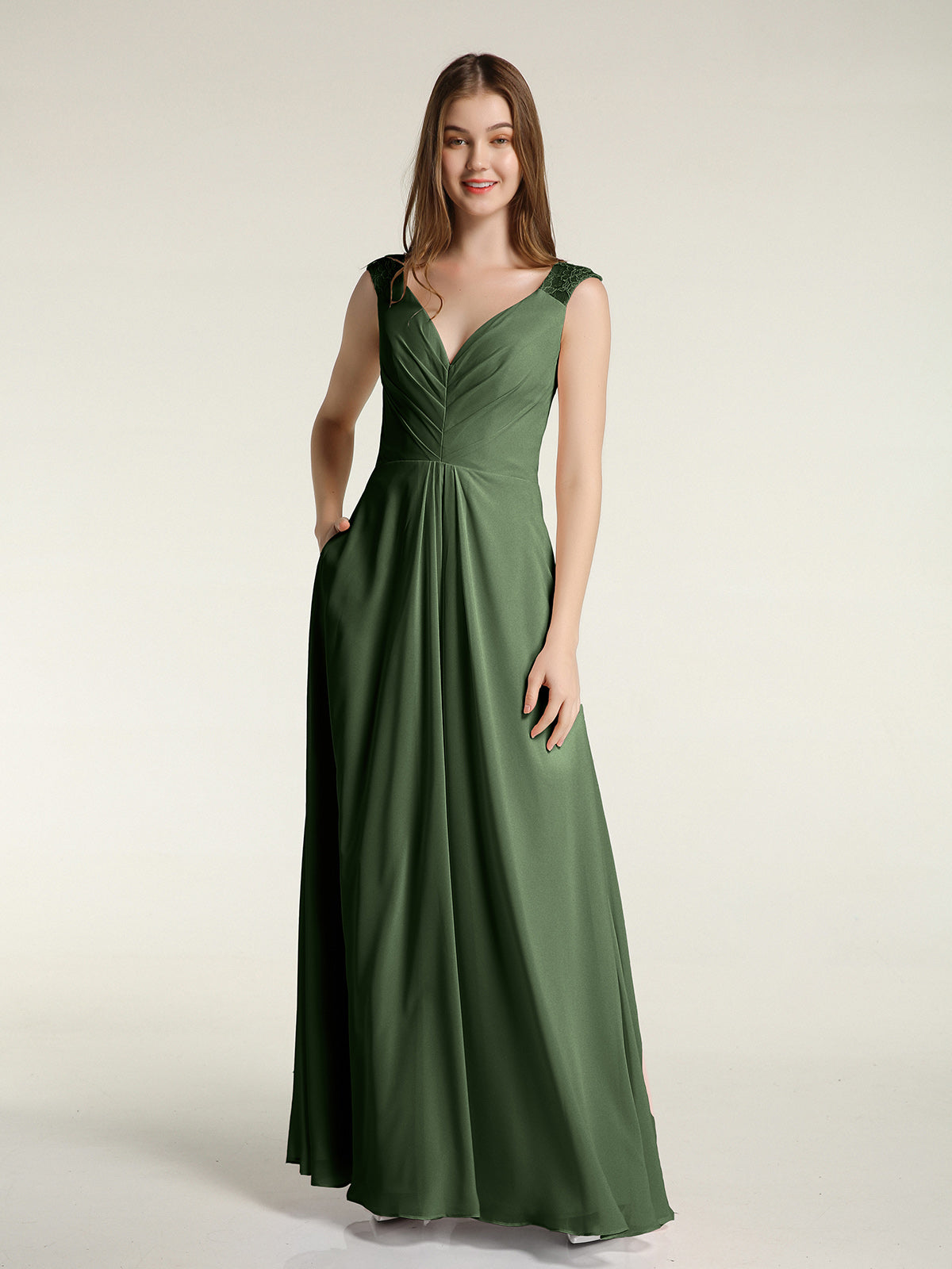 Vestidos de chiffon con tirantes de encaje y escote en V con bolsillos Verde Oliva