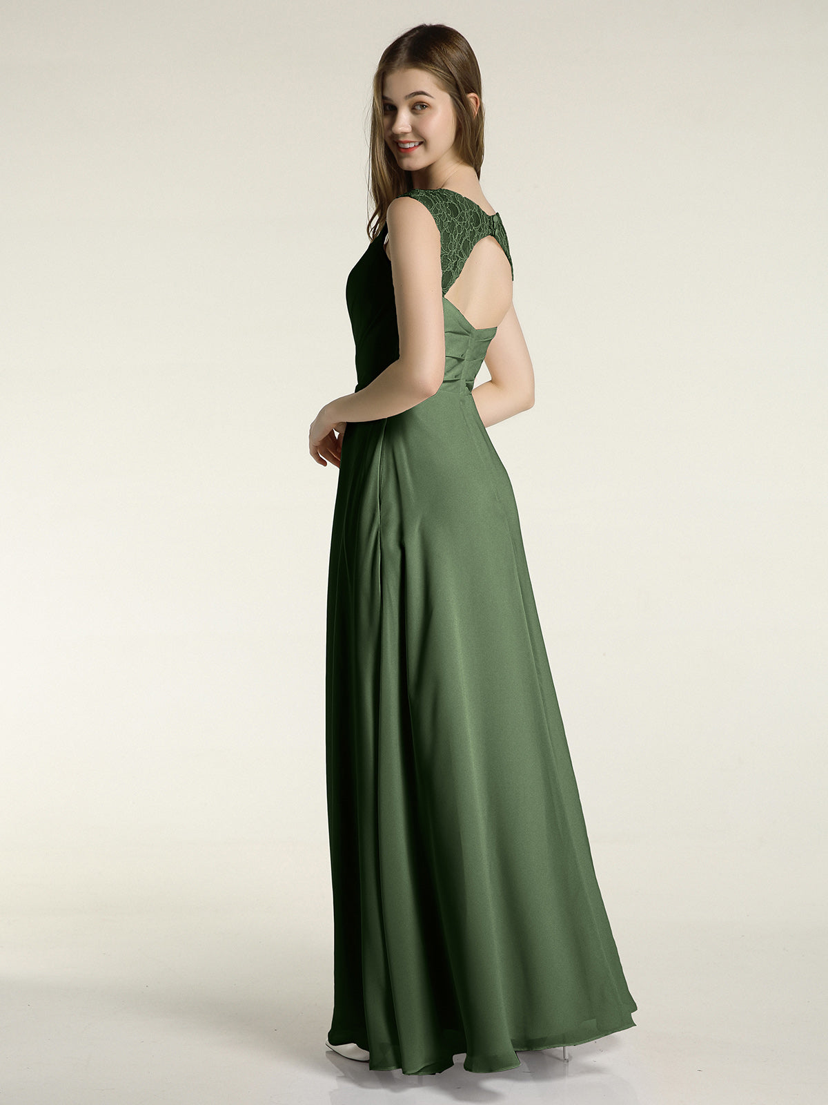 Vestidos de chiffon con tirantes de encaje y escote en V con bolsillos Verde Oliva Tallas Grandes
