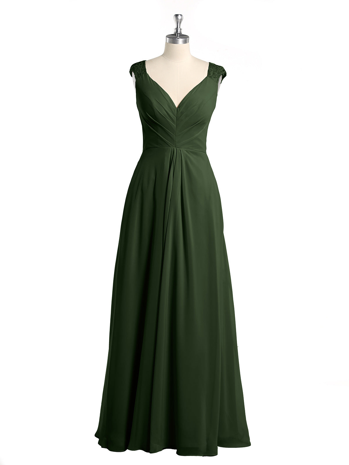 Vestidos de chiffon con tirantes de encaje y escote en V con bolsillos Verde Oliva