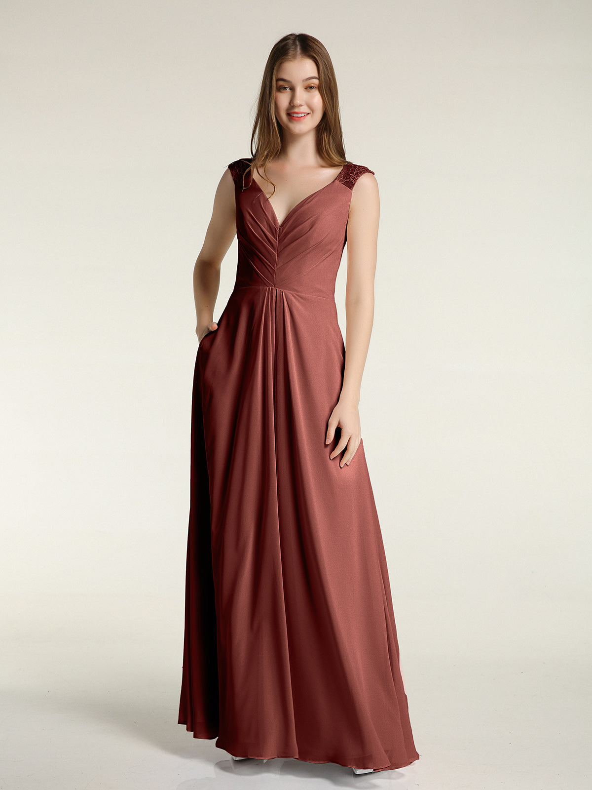 Vestidos de chiffon con tirantes de encaje y escote en V con bolsillos Terracota